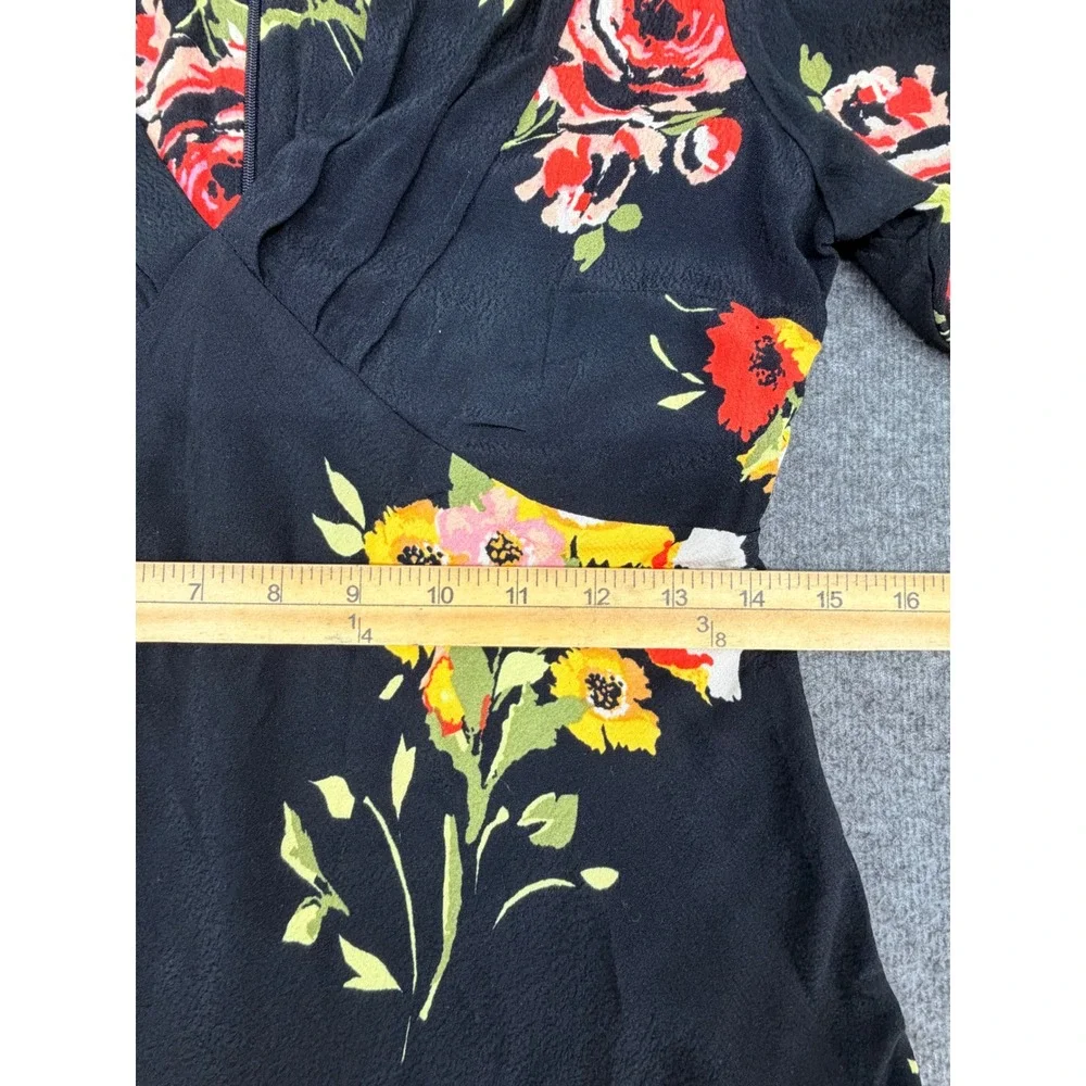 Free People Floral Mini Dress Black V-Neck Puff Sleeve Viscose‎ Size 4 OB998041